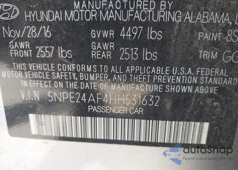 2017 Hyundai Sonata z USA, uszkodzony, nr VIN 5NPE24AF4HH531632